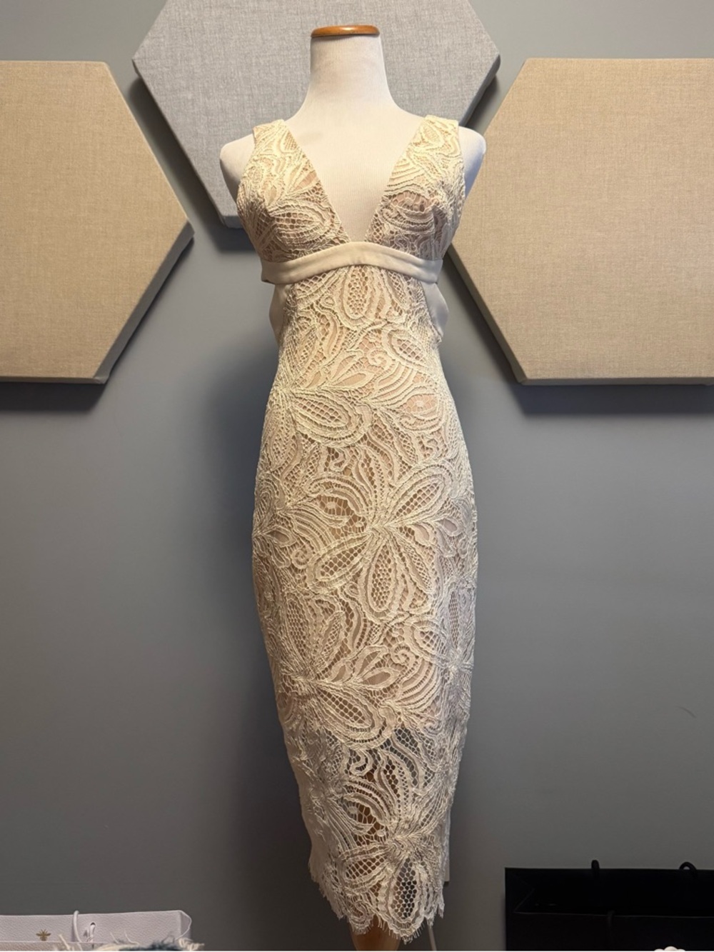 Intermix Elegant Cream Lace Midi Dress with Plunge V-Neck
